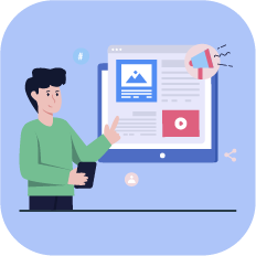 검색광고 콘텐츠를 설정 중인 마케터의 일러스트 – 플랜픽 온라인마케팅대행사의 퍼포먼스 기반 키워드 마케팅을 시각적으로 표현