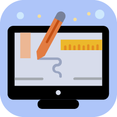 디자인 방향 설정을 상징하는 모니터, 연필, 자 아이콘